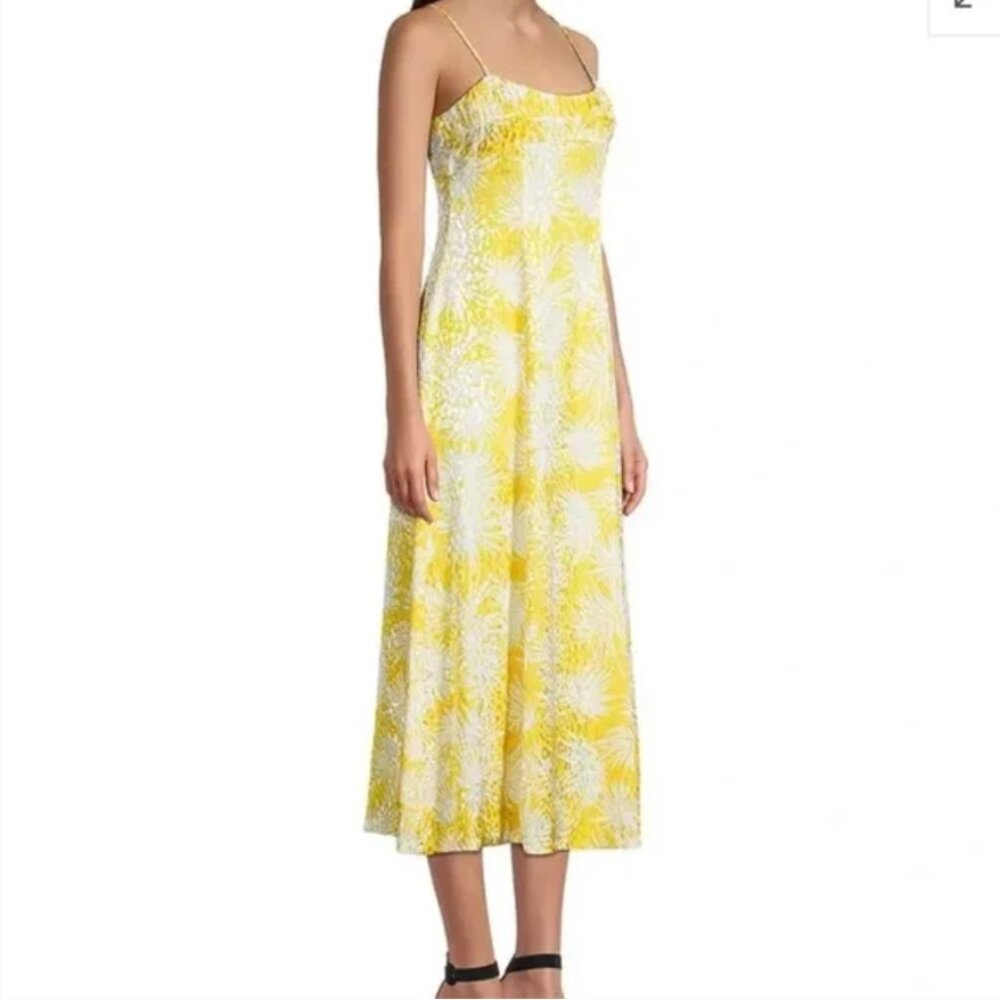Rebecca Taylor Yellow & White Palmetto Fleur Ruched Sleeveless Midi Dress Size 4